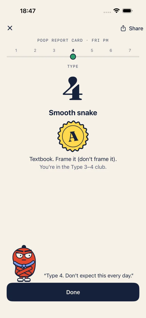 The Gutrude app on iPhone: a Poop Report Card graded A, with Gutrude in the corner.
